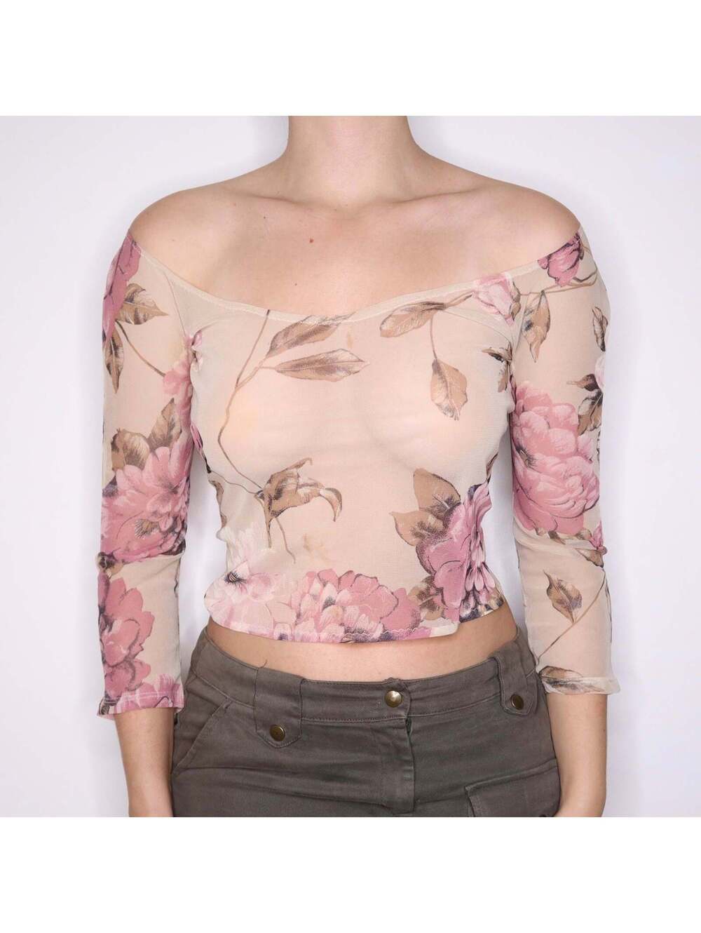 Y2K Italian Floral Mesh Off the Shoulder Blouse (M)
